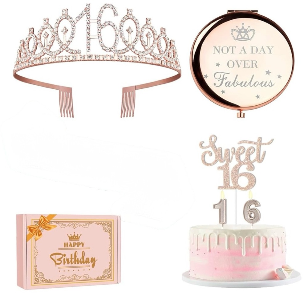 Sweet 16 Birthday Decor
Compact Mirror
Sash & Tiara
Cake Topper & Candles